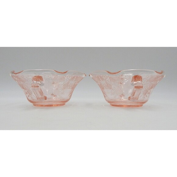 Hazel Atlas Florentine Poppy Pink Depression Glass Two-Handle Soup Nut Bowl Pair - Picture 3 of 9